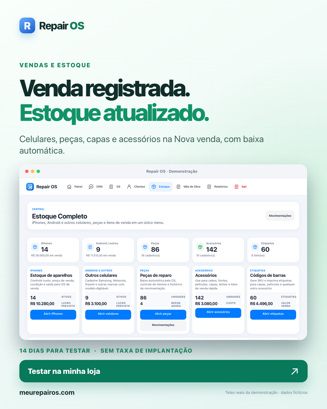 Arte Repair OS sobre vendas e estoque, com captura real do estoque e dados fictícios