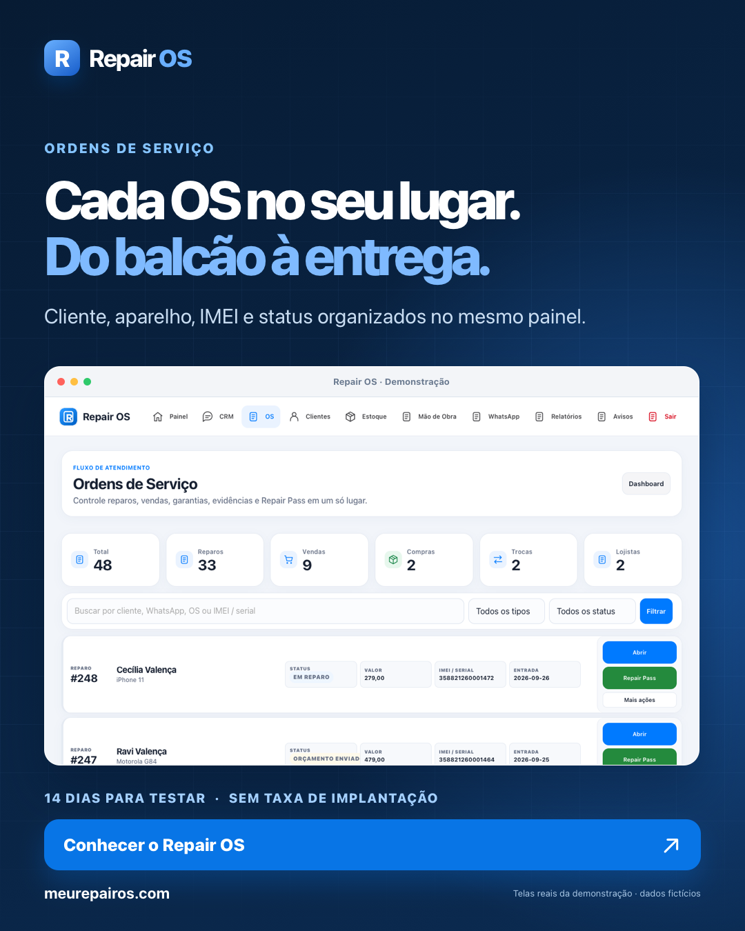 Arte Repair OS sobre ordens de serviço, com captura real da lista de atendimentos e dados fictícios