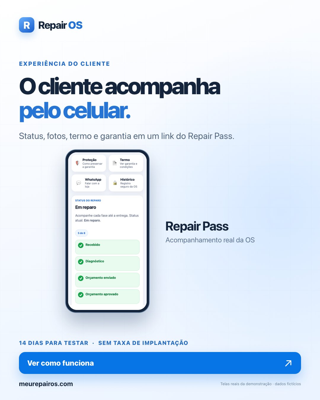 Arte Repair OS sobre o Repair Pass, com captura real do acompanhamento pelo cliente e dados fictícios